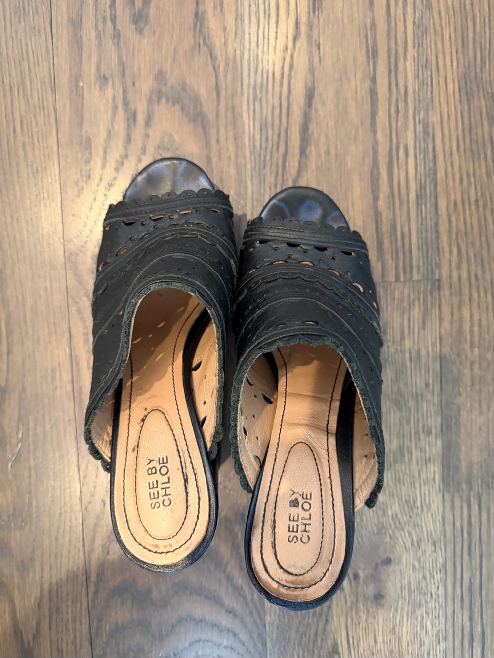 See By Chloe Black Scalloped Open-Toe Mules